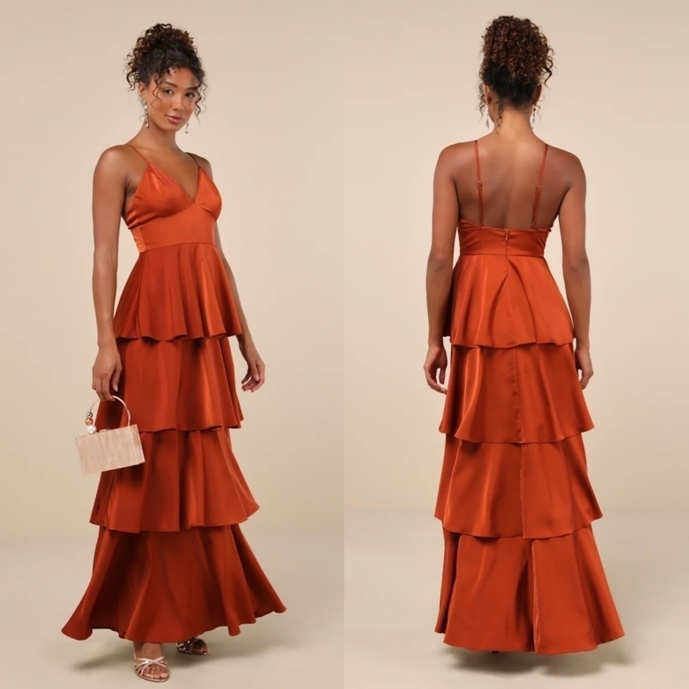 Lulus Going with Elegance Rust Brown Satin Tiered Gown Wedding Party Formal - Picture 1 of 9
